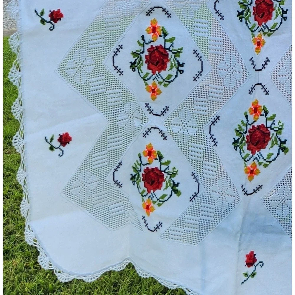 Vintage Embroidered Floral Tablecloth Cross Stitch Openwork Lace Cottagecore